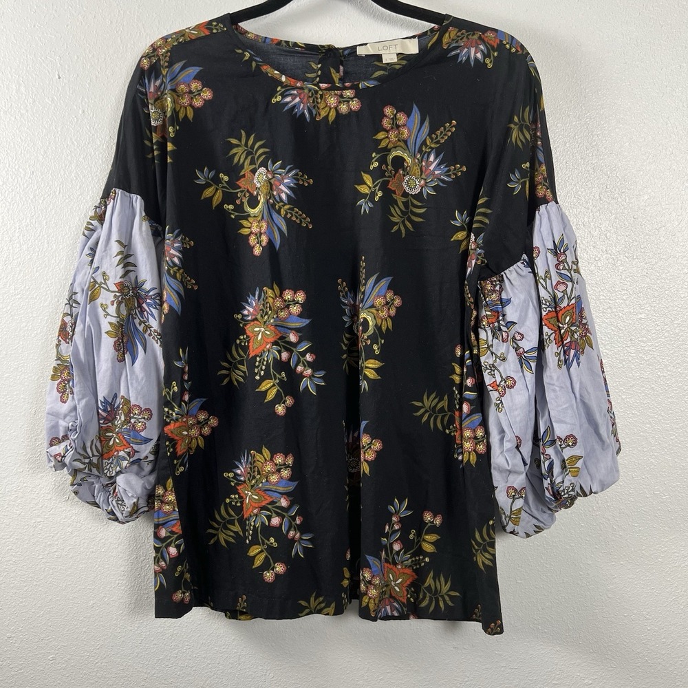 LOFT Womens Black Floral Cotton Puff Sleeve Button Back Blouse Top Small